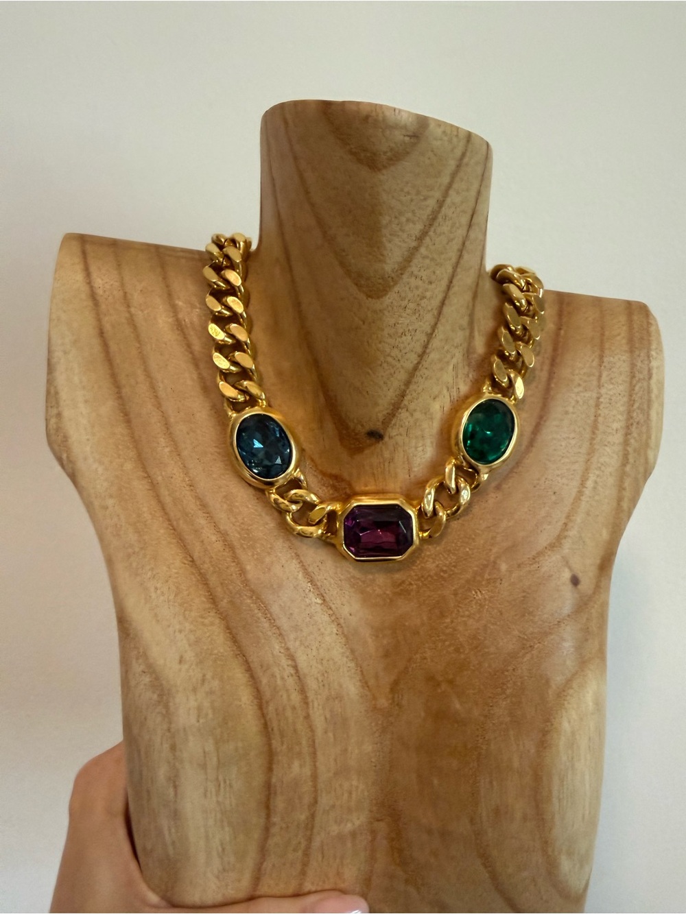 Vogue Bijoux Vintage Gold Plated Chain Necklace with Blue, Green, Purple Stones